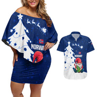 Norway Christmas Couples Matching Off Shoulder Short Dress and Hawaiian Shirt with Nordic Gnome Santa White Tree and Snowflake - Wonder Print Shop