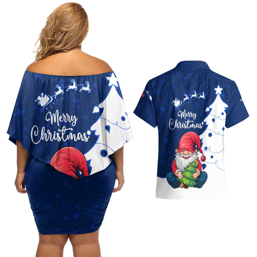 Norway Christmas Couples Matching Off Shoulder Short Dress and Hawaiian Shirt with Nordic Gnome Santa White Tree and Snowflake - Wonder Print Shop