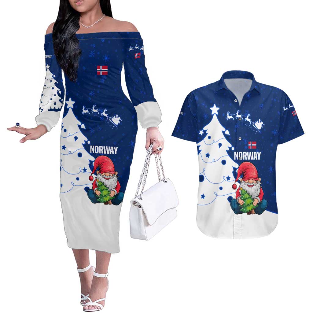 Norway Christmas Couples Matching Off The Shoulder Long Sleeve Dress and Hawaiian Shirt with Nordic Gnome Santa White Tree and Snowflake - Wonder Print Shop