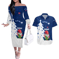 Norway Christmas Couples Matching Off The Shoulder Long Sleeve Dress and Hawaiian Shirt with Nordic Gnome Santa White Tree and Snowflake - Wonder Print Shop
