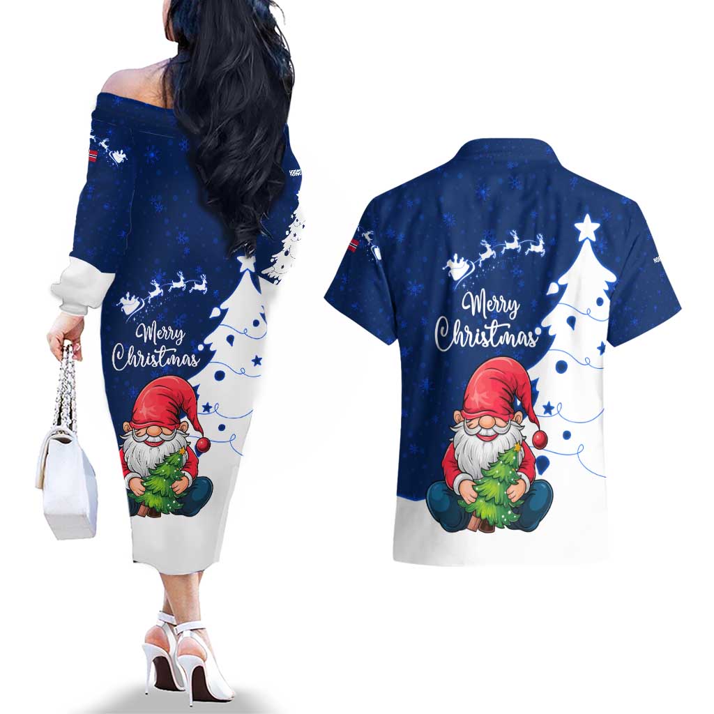 Norway Christmas Couples Matching Off The Shoulder Long Sleeve Dress and Hawaiian Shirt with Nordic Gnome Santa White Tree and Snowflake - Wonder Print Shop