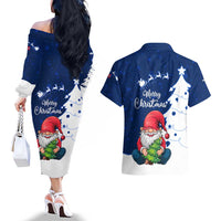 Norway Christmas Couples Matching Off The Shoulder Long Sleeve Dress and Hawaiian Shirt with Nordic Gnome Santa White Tree and Snowflake - Wonder Print Shop