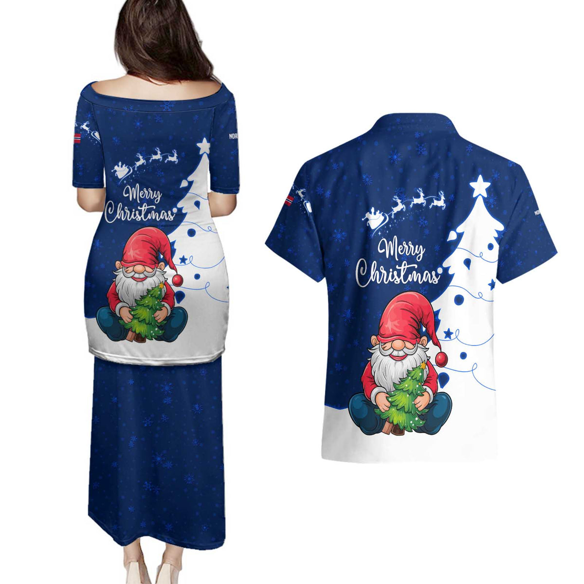 Norway Christmas Couples Matching Puletasi and Hawaiian Shirt with Nordic Gnome Santa White Tree and Snowflake - Wonder Print Shop