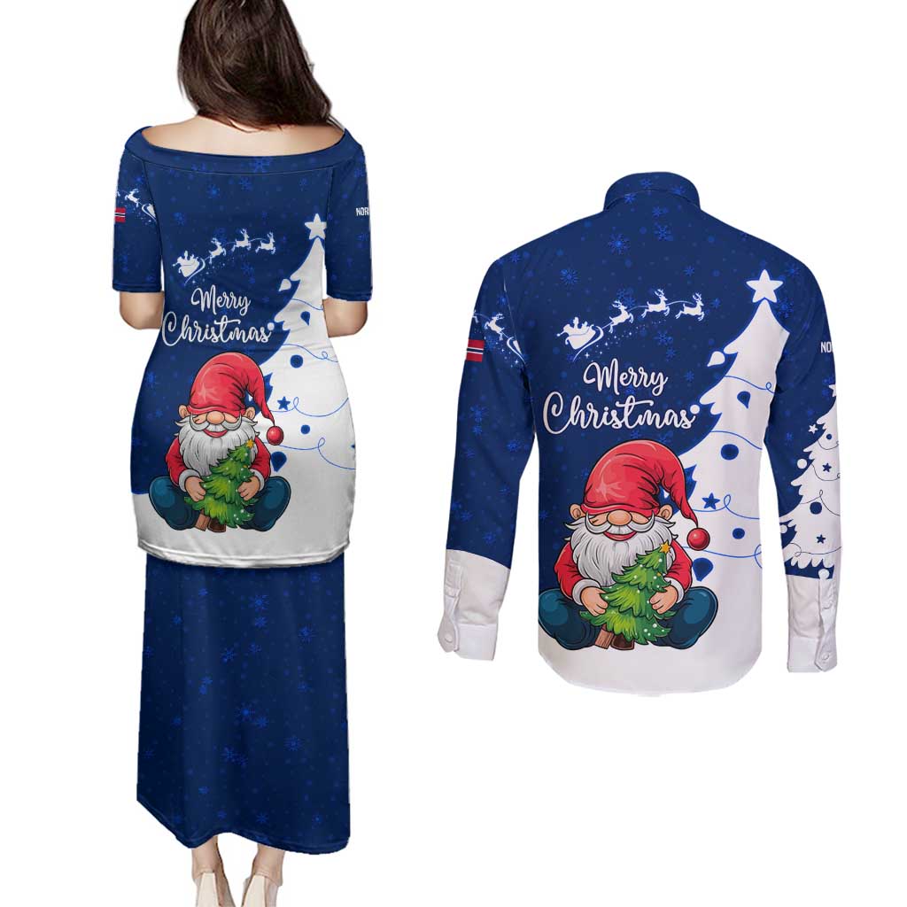 Norway Christmas Couples Matching Puletasi and Long Sleeve Button Shirt with Nordic Gnome Santa White Tree and Snowflake - Wonder Print Shop