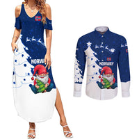 Norway Christmas Couples Matching Summer Maxi Dress and Long Sleeve Button Shirt with Nordic Gnome Santa White Tree and Snowflake - Wonder Print Shop