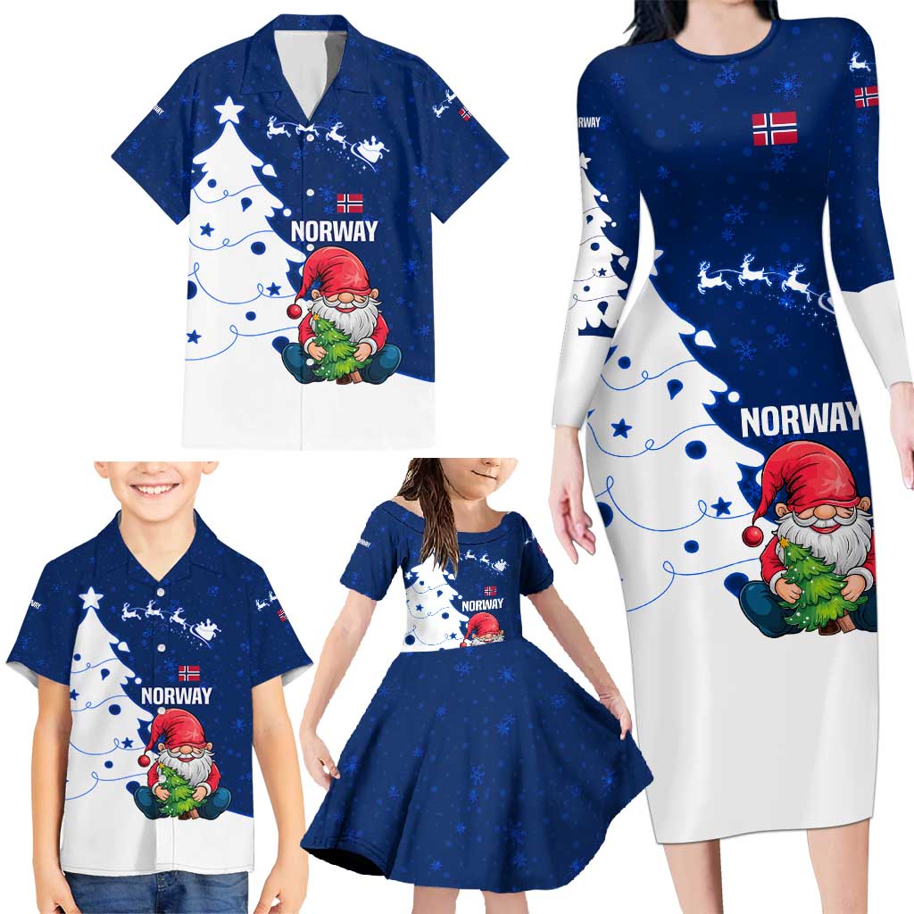 Norway Christmas Family Matching Long Sleeve Bodycon Dress and Hawaiian Shirt with Nordic Gnome Santa White Tree and Snowflake - Wonder Print Shop