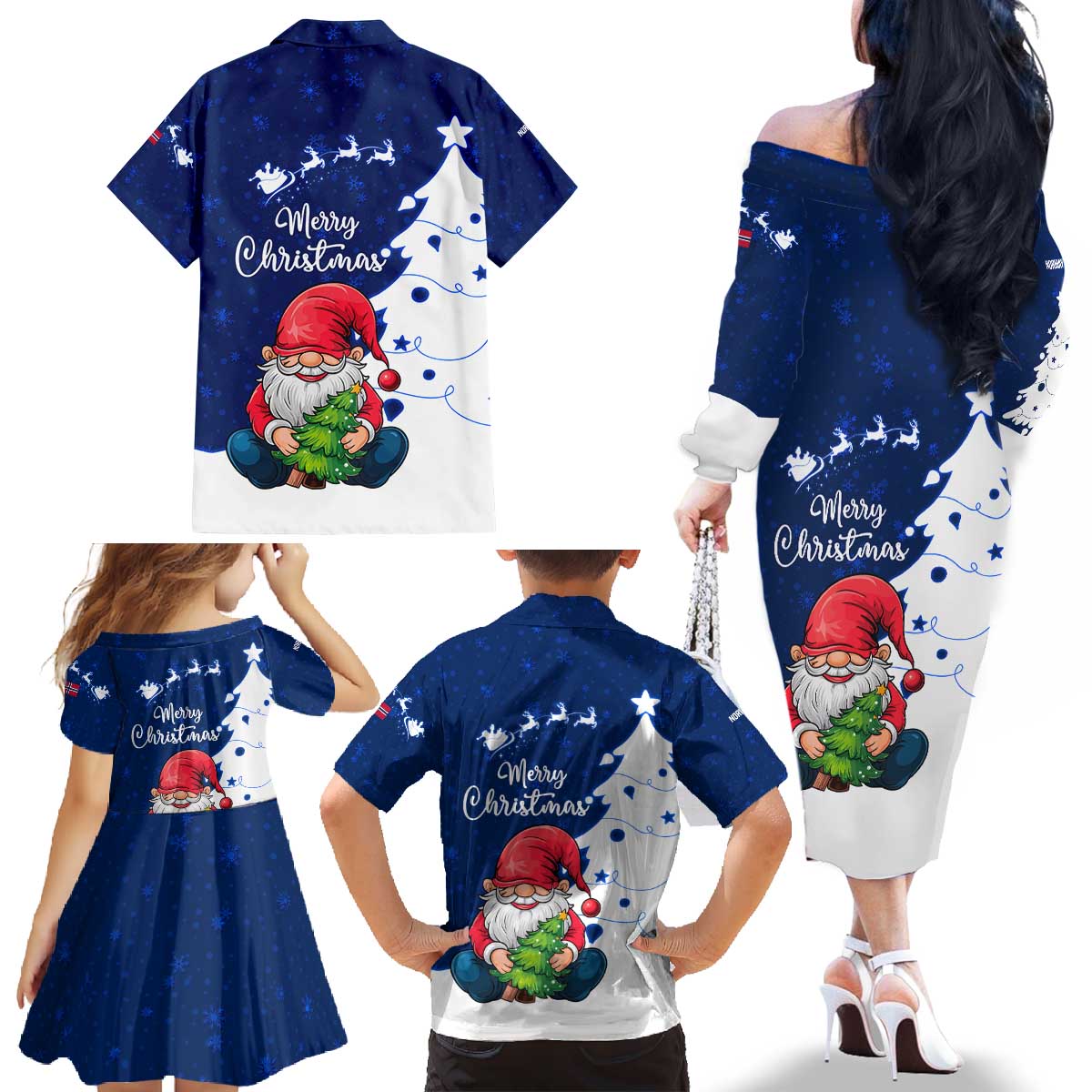 Norway Christmas Family Matching Off The Shoulder Long Sleeve Dress and Hawaiian Shirt with Nordic Gnome Santa White Tree and Snowflake - Wonder Print Shop