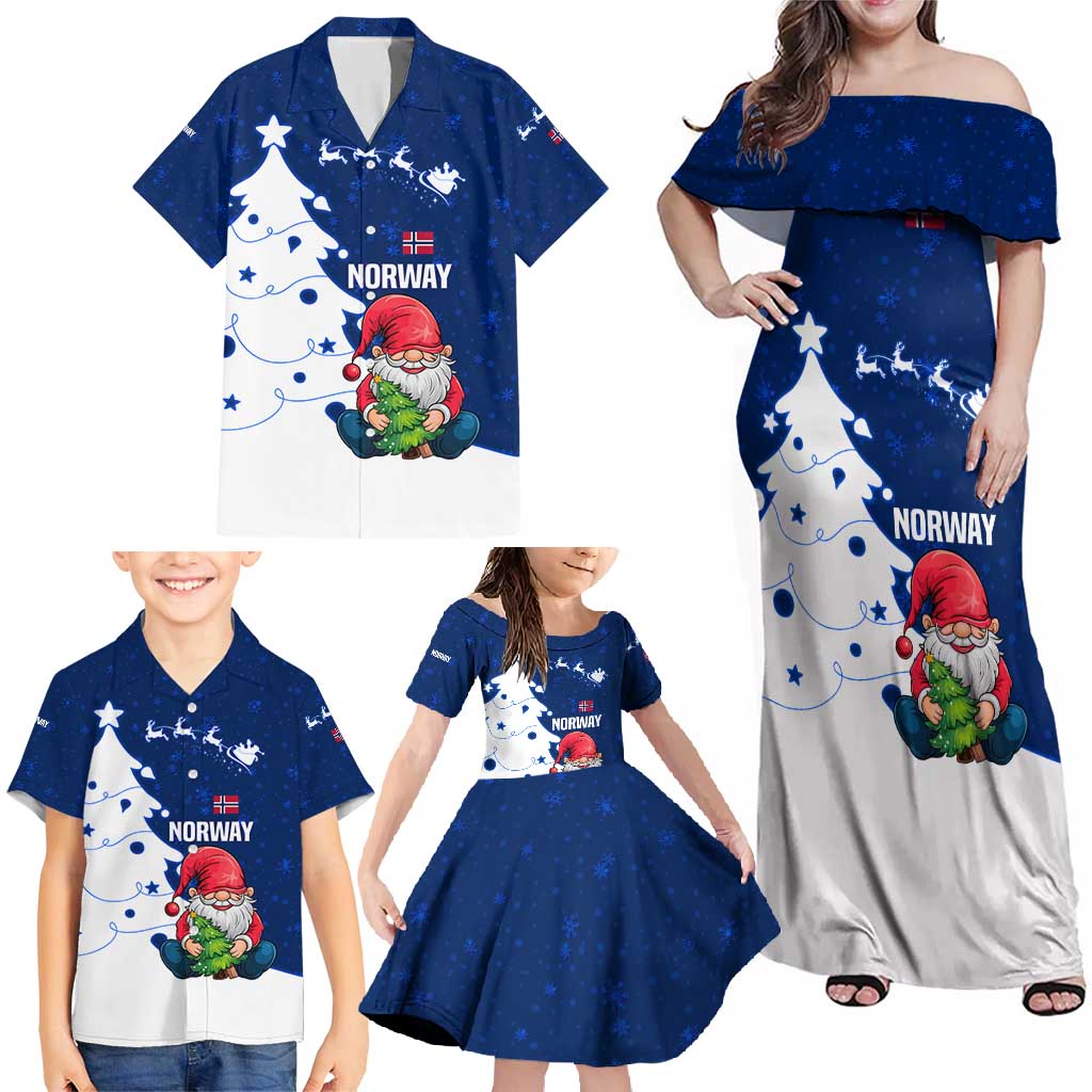 Norway Christmas Family Matching Off Shoulder Maxi Dress and Hawaiian Shirt with Nordic Gnome Santa White Tree and Snowflake - Wonder Print Shop