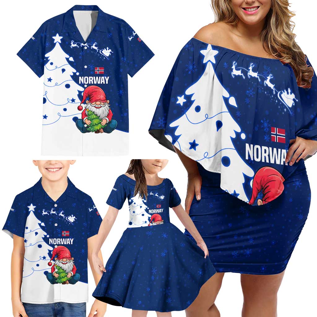 Norway Christmas Family Matching Off Shoulder Short Dress and Hawaiian Shirt with Nordic Gnome Santa White Tree and Snowflake - Wonder Print Shop