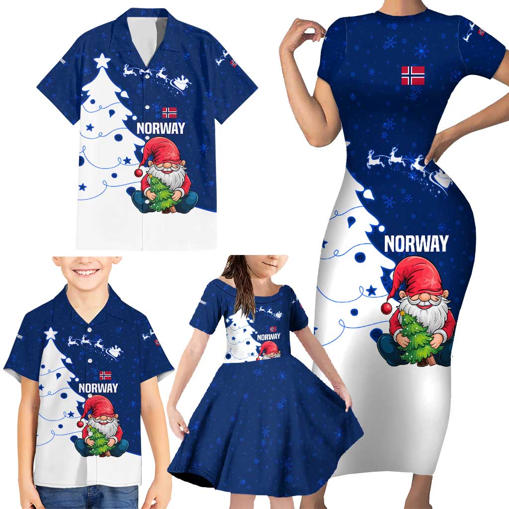 Norway Christmas Family Matching Short Sleeve Bodycon Dress and Hawaiian Shirt with Nordic Gnome Santa White Tree and Snowflake - Wonder Print Shop