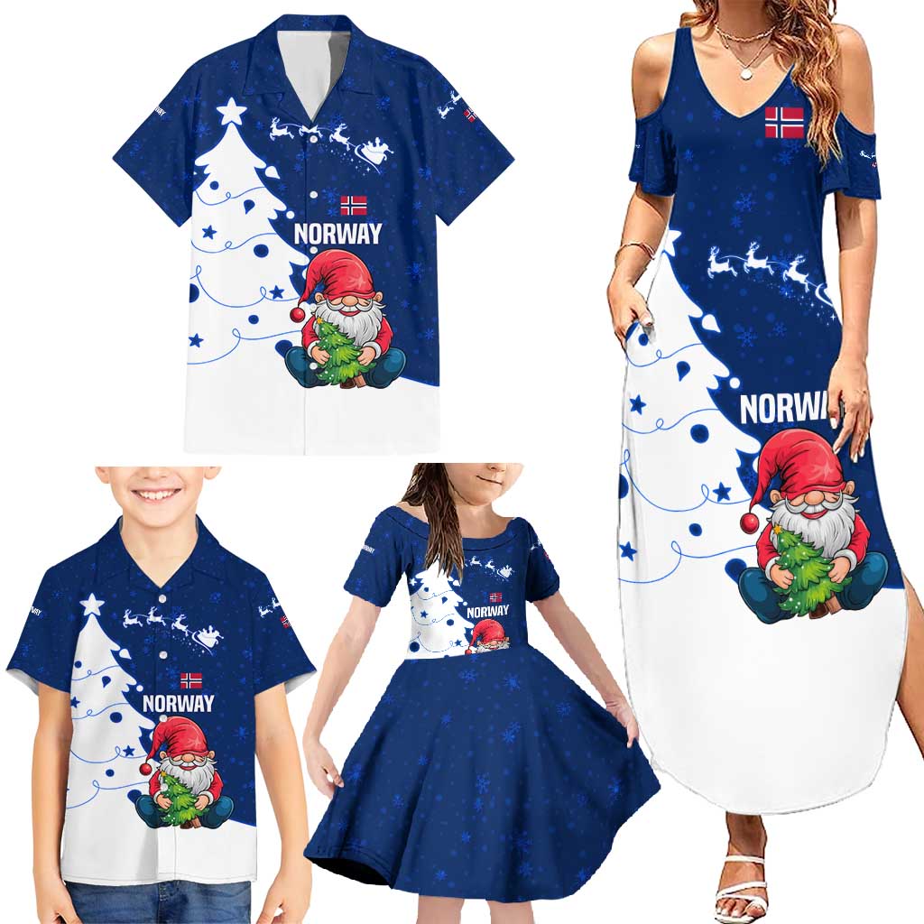 Norway Christmas Family Matching Summer Maxi Dress and Hawaiian Shirt with Nordic Gnome Santa White Tree and Snowflake - Wonder Print Shop