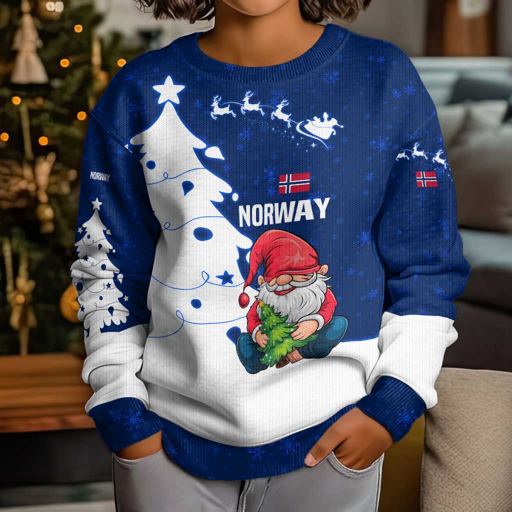 Norway Christmas Kid Ugly Christmas Sweater with Nordic Gnome Santa White Tree and Snowflake - Wonder Print Shop
