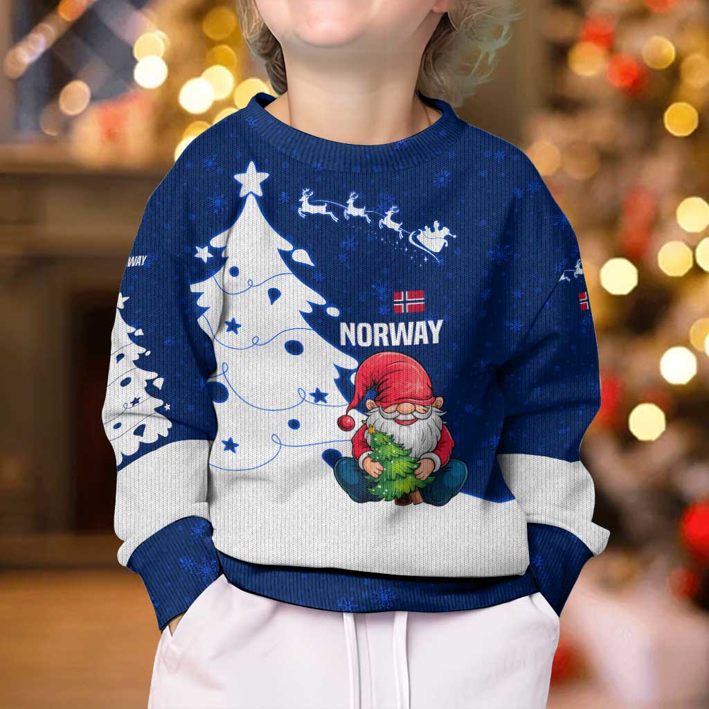 Norway Christmas Kid Ugly Christmas Sweater with Nordic Gnome Santa White Tree and Snowflake - Wonder Print Shop
