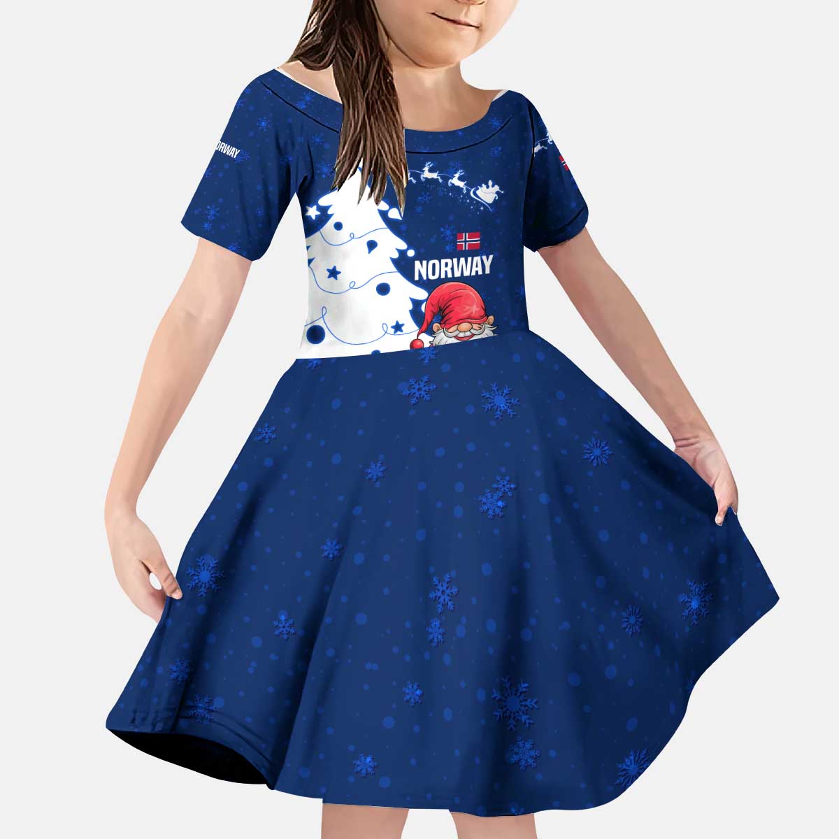 Norway Christmas Kid Short Sleeve Dress with Nordic Gnome Santa White Tree and Snowflake - Wonder Print Shop