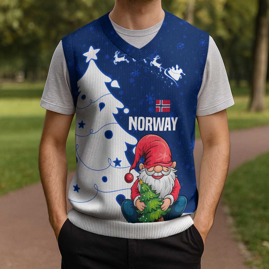 Norway Christmas Knitted V-Neck Vest with Nordic Gnome Santa White Tree and Snowflake - Wonder Print Shop