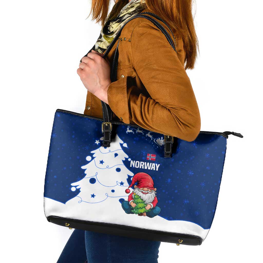 Norway Christmas Leather Tote Bag with Nordic Gnome Santa White Tree and Snowflake - Wonder Print Shop