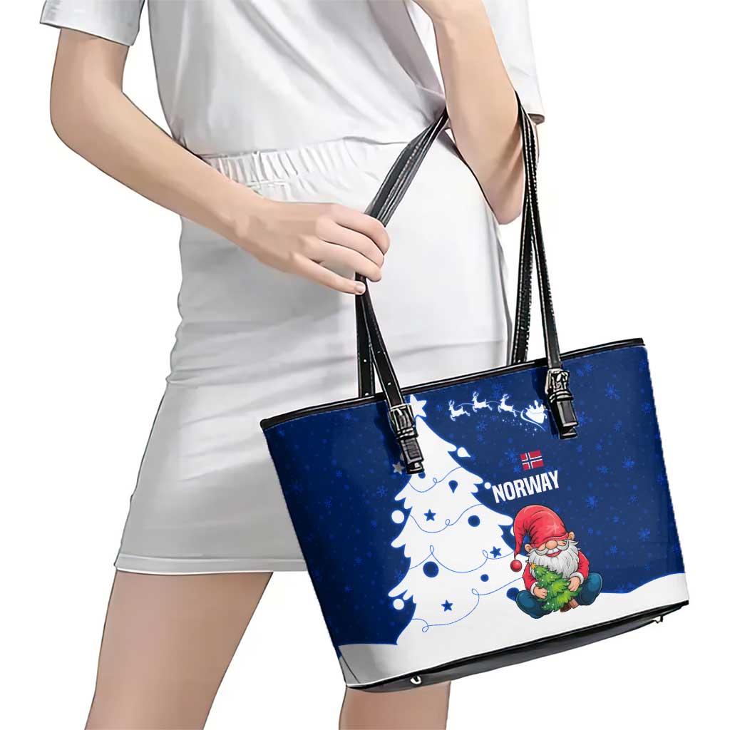 Norway Christmas Leather Tote Bag with Nordic Gnome Santa White Tree and Snowflake - Wonder Print Shop