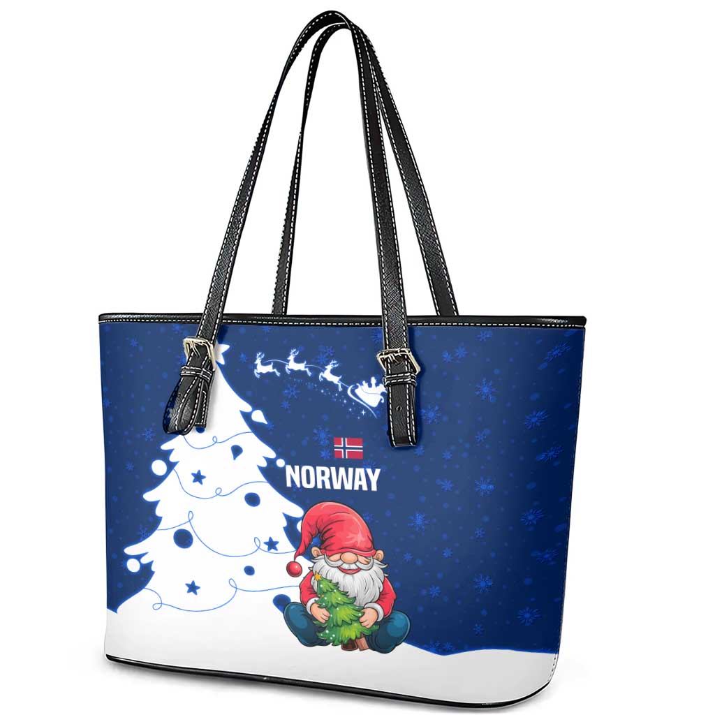 Norway Christmas Leather Tote Bag with Nordic Gnome Santa White Tree and Snowflake - Wonder Print Shop