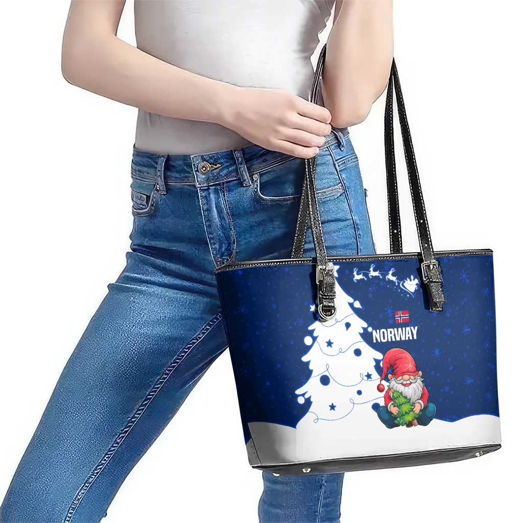 Norway Christmas Leather Tote Bag with Nordic Gnome Santa White Tree and Snowflake - Wonder Print Shop