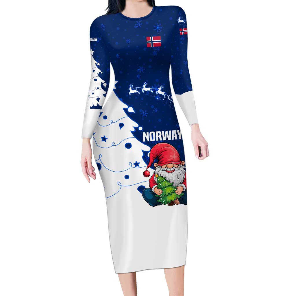 Norway Christmas Long Sleeve Bodycon Dress with Nordic Gnome Santa White Tree and Snowflake - Wonder Print Shop
