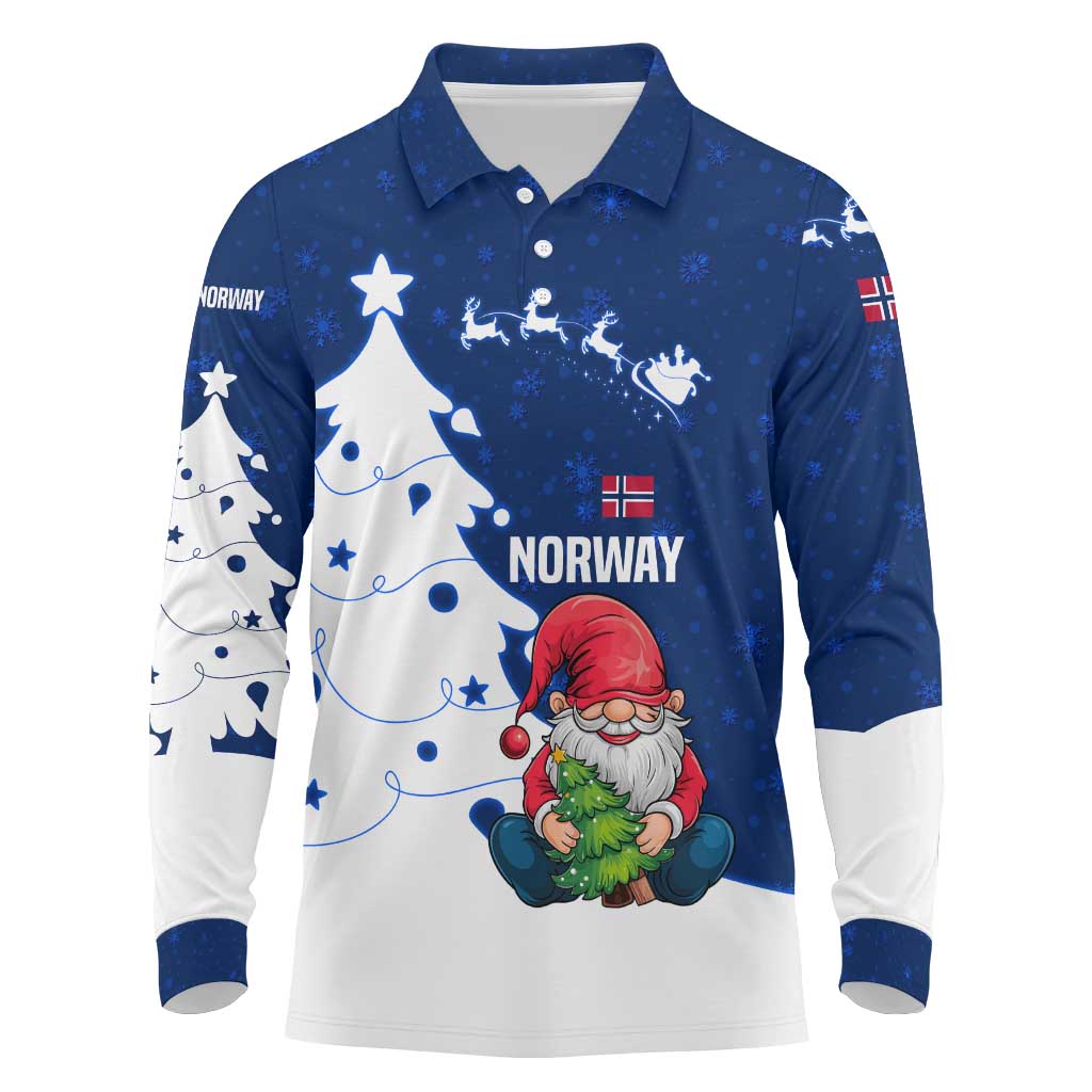 Norway Christmas Long Sleeve Polo Shirt with Nordic Gnome Santa White Tree and Snowflake - Wonder Print Shop