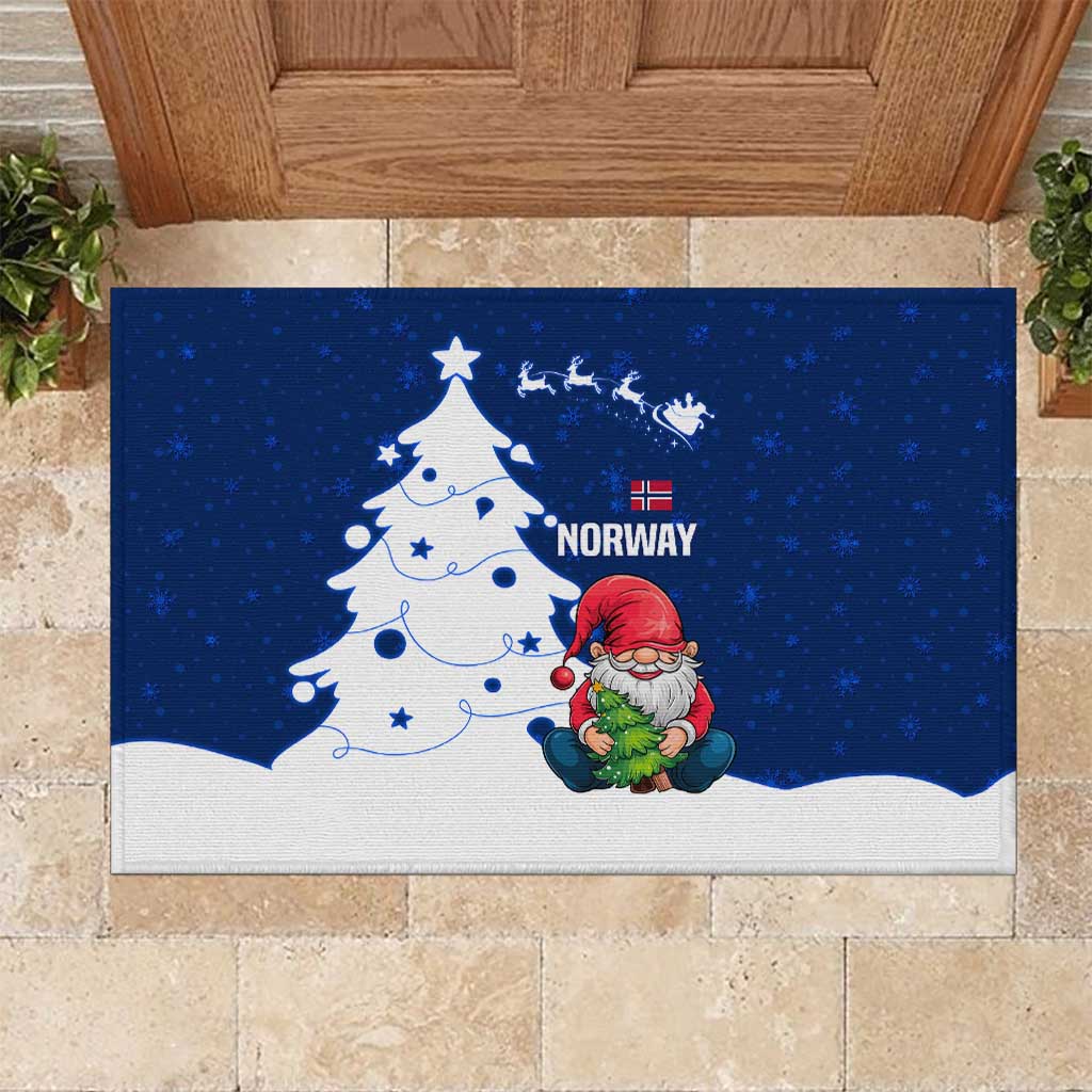 Norway Christmas Rubber Doormat with Nordic Gnome Santa White Tree and Snowflake - Wonder Print Shop
