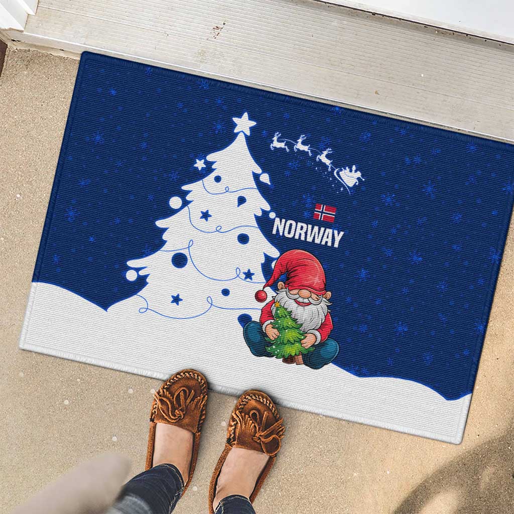 Norway Christmas Rubber Doormat with Nordic Gnome Santa White Tree and Snowflake - Wonder Print Shop
