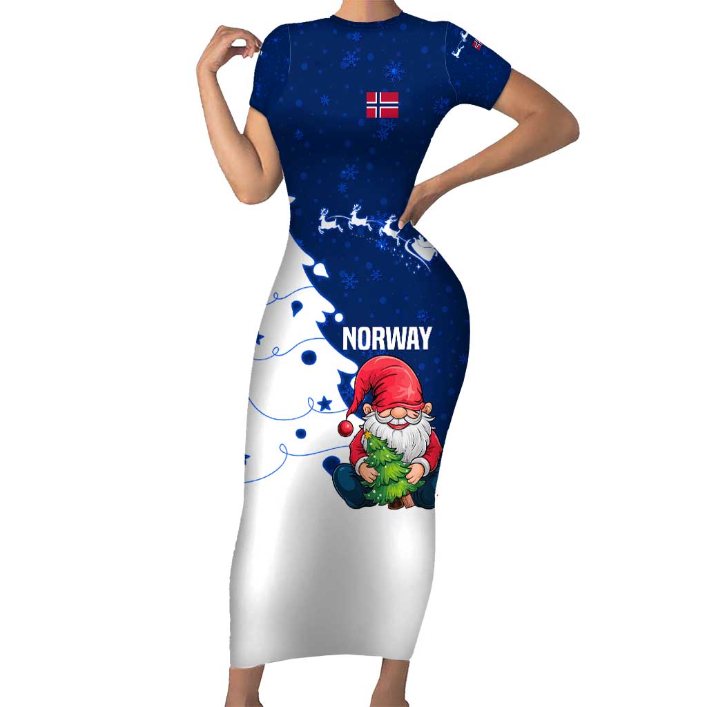 Norway Christmas Short Sleeve Bodycon Dress with Nordic Gnome Santa White Tree and Snowflake - Wonder Print Shop