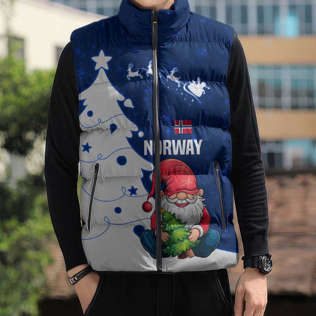 Norway Christmas Sleeveless Puffer Jacket with Nordic Gnome Santa White Tree and Snowflake - Wonder Print Shop