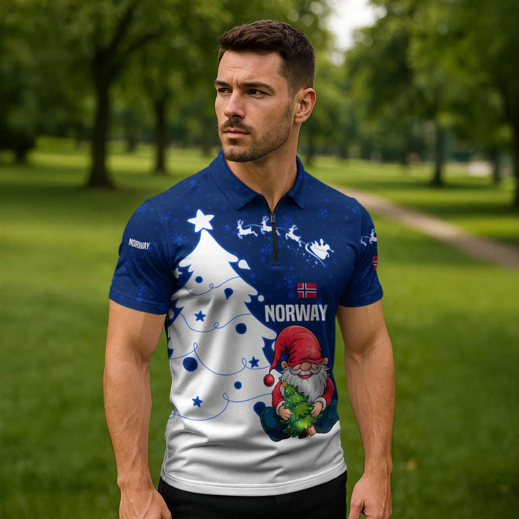 Norway Christmas Zipper Polo Shirt with Nordic Gnome Santa White Tree and Snowflake - Wonder Print Shop