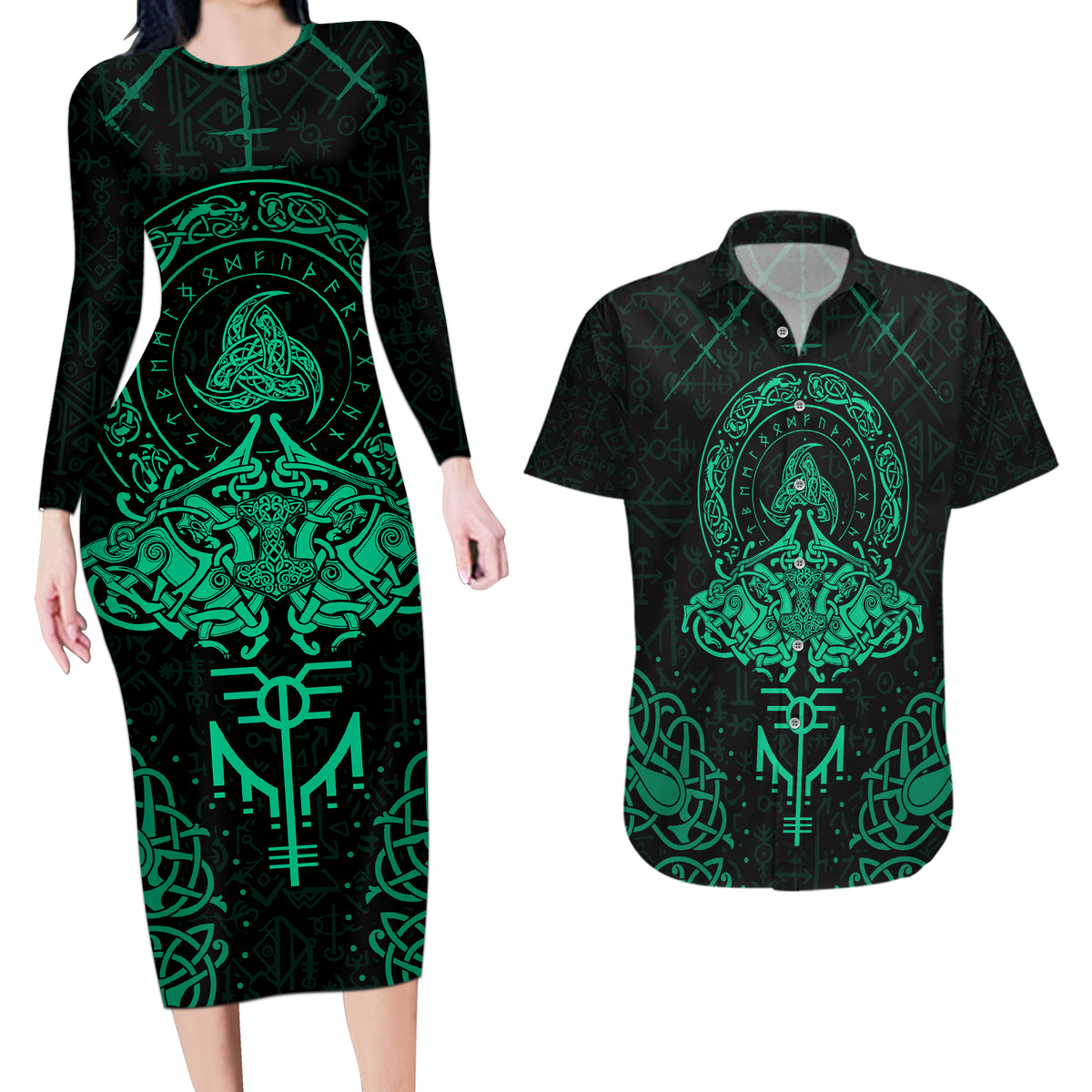 Viking Couples Matching Long Sleeve Bodycon Dress and Hawaiian Shirt Valhalla's Eternal Glory - Wonder Print Shop