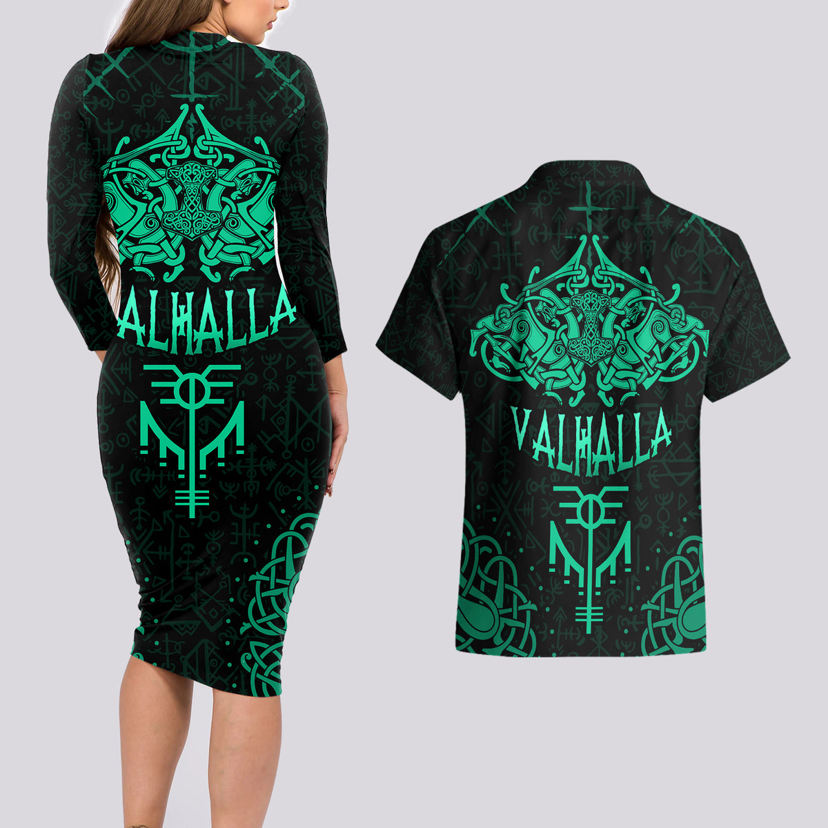 Viking Couples Matching Long Sleeve Bodycon Dress and Hawaiian Shirt Valhalla's Eternal Glory - Wonder Print Shop