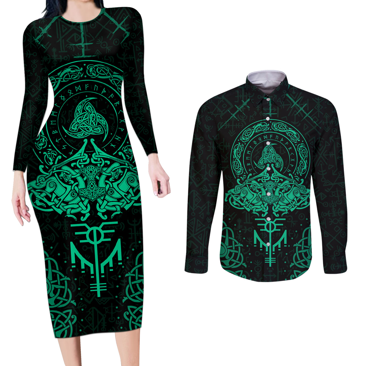 Viking Couples Matching Long Sleeve Bodycon Dress and Long Sleeve Button Shirts Valhalla's Eternal Glory - Wonder Print Shop