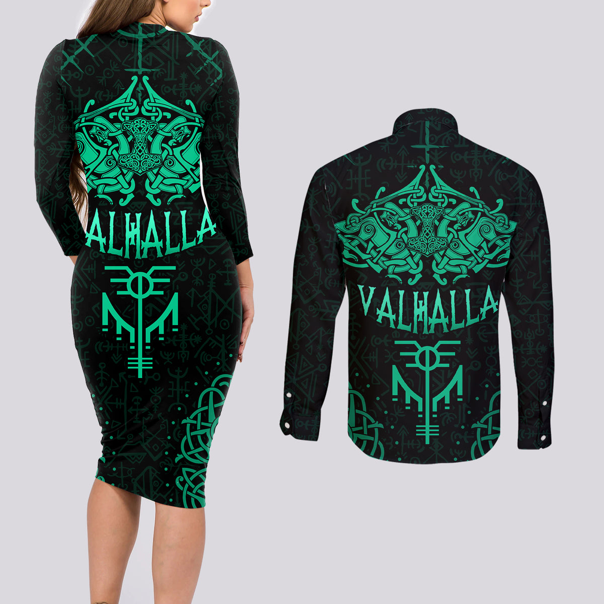 Viking Couples Matching Long Sleeve Bodycon Dress and Long Sleeve Button Shirts Valhalla's Eternal Glory - Wonder Print Shop
