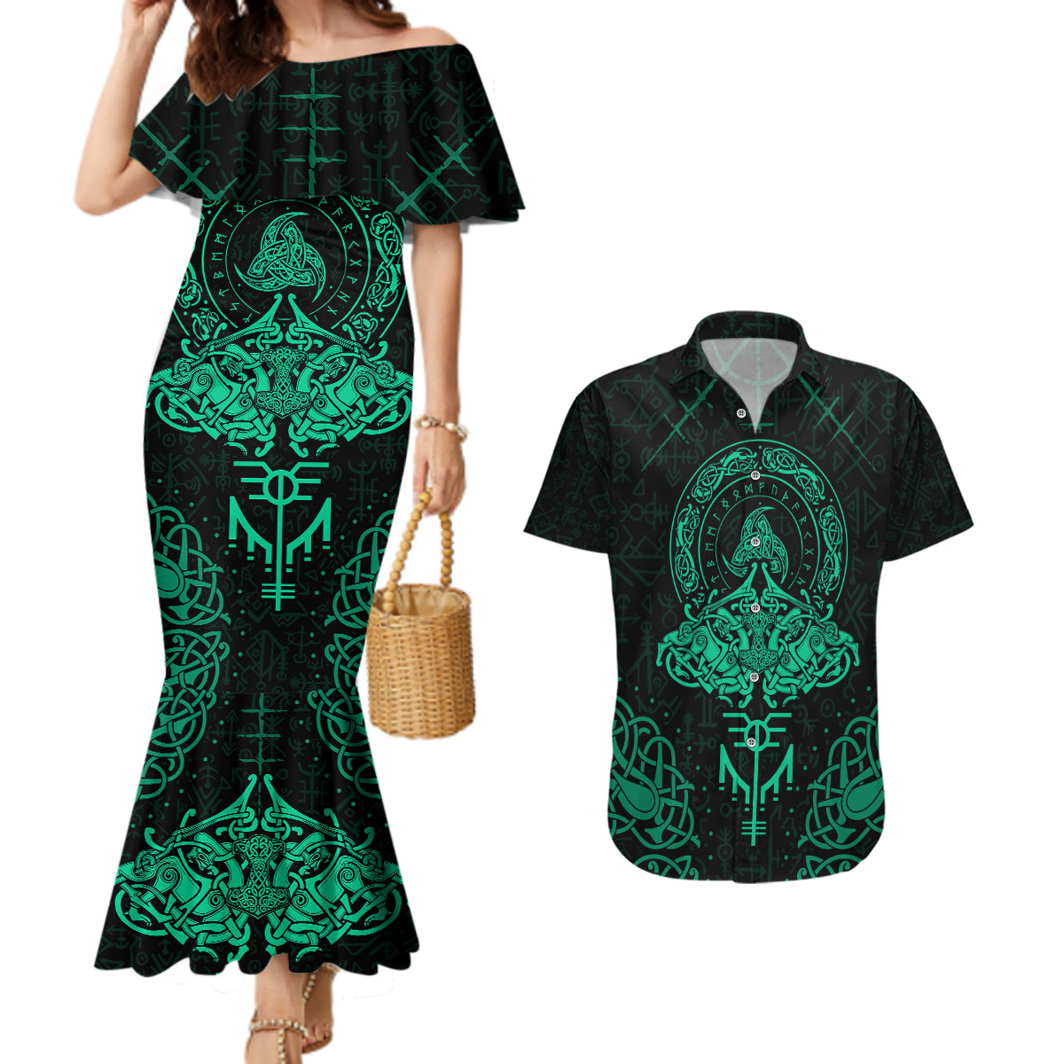 Viking Couples Matching Mermaid Dress and Hawaiian Shirt Valhalla's Eternal Glory - Wonder Print Shop