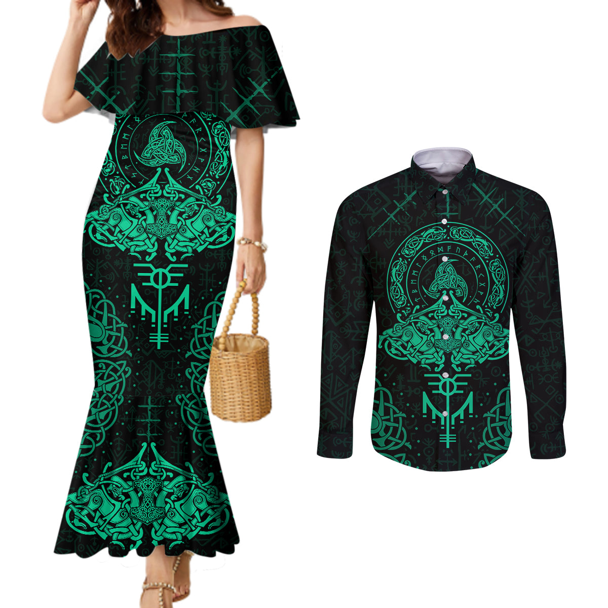 viking-couples-matching-mermaid-dress-and-long-sleeve-button-shirts-valhallas-eternal-glory