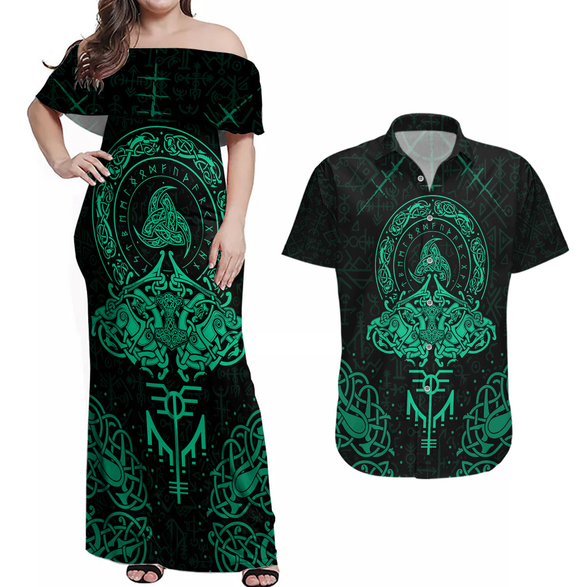 Viking Couples Matching Off Shoulder Maxi Dress and Hawaiian Shirt Valhalla's Eternal Glory - Wonder Print Shop
