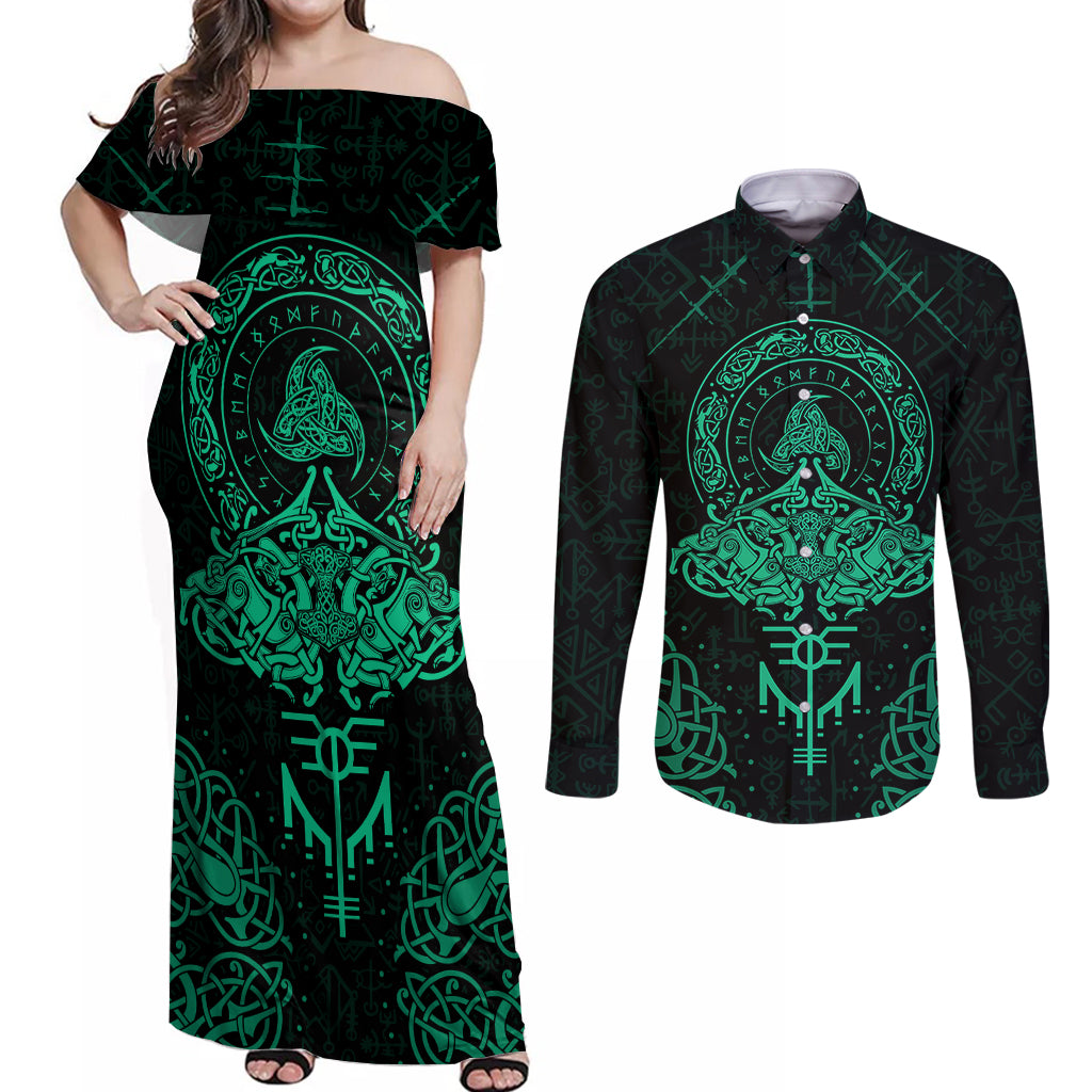 Viking Couples Matching Off Shoulder Maxi Dress and Long Sleeve Button Shirts Valhalla's Eternal Glory - Wonder Print Shop