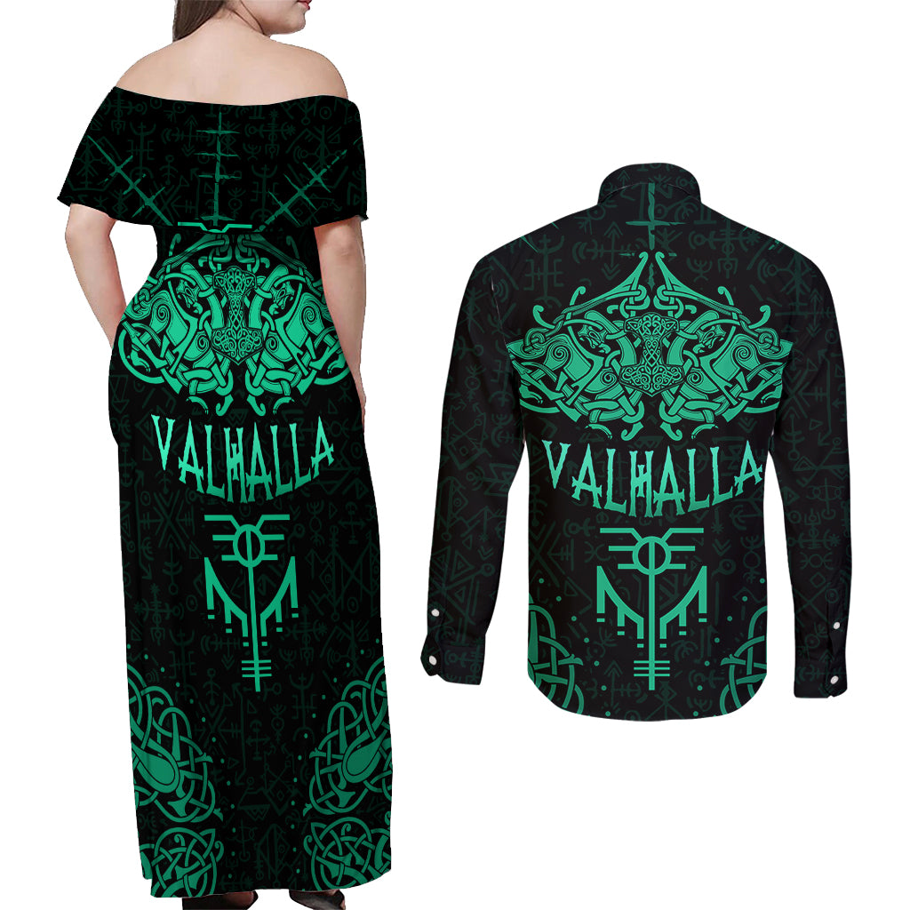 Viking Couples Matching Off Shoulder Maxi Dress and Long Sleeve Button Shirts Valhalla's Eternal Glory - Wonder Print Shop
