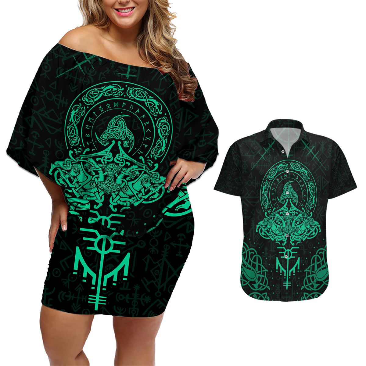 Viking Couples Matching Off Shoulder Short Dress and Hawaiian Shirt Valhalla's Eternal Glory - Wonder Print Shop
