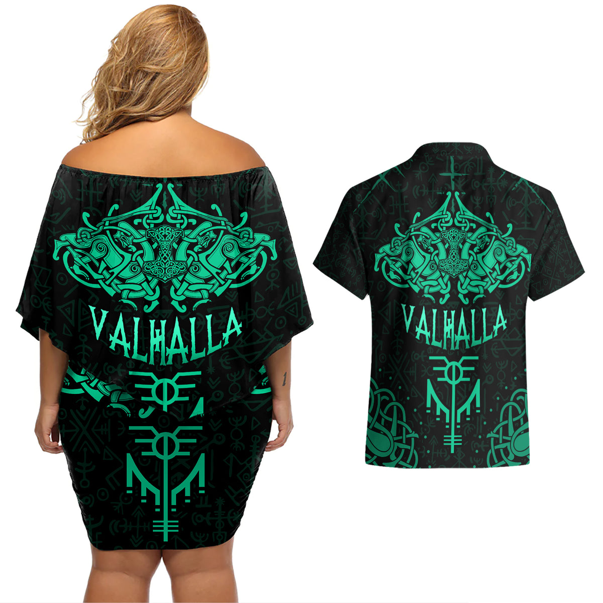 Viking Couples Matching Off Shoulder Short Dress and Hawaiian Shirt Valhalla's Eternal Glory - Wonder Print Shop