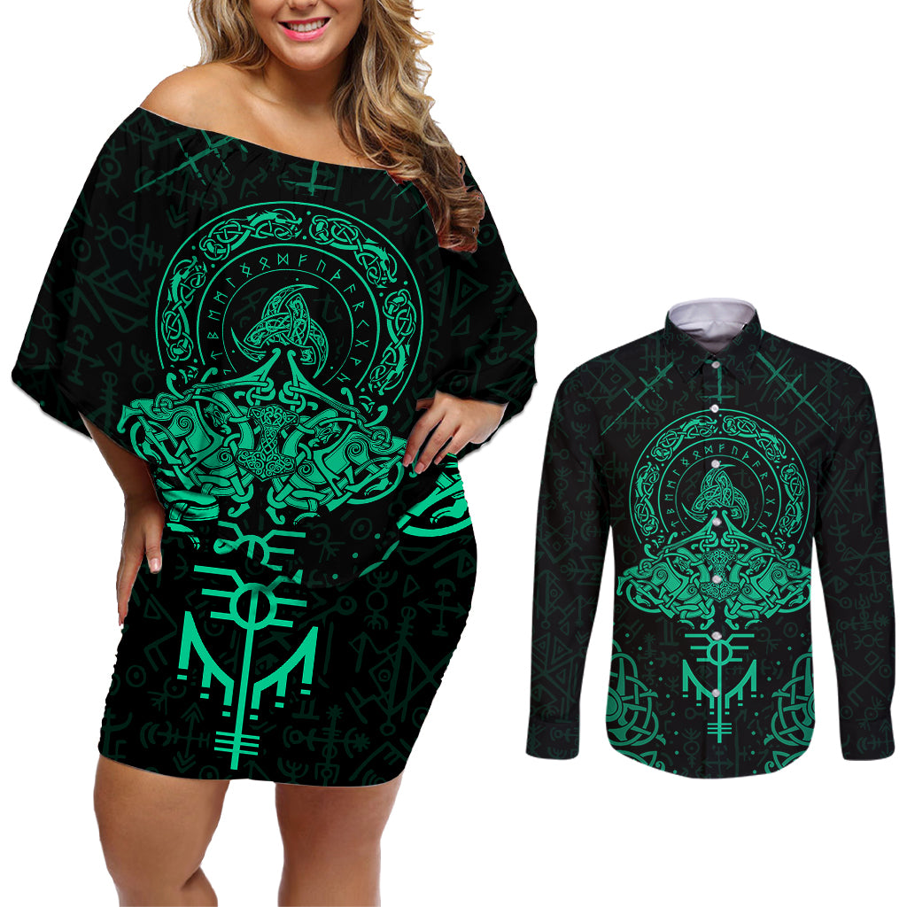 Viking Couples Matching Off Shoulder Short Dress and Long Sleeve Button Shirts Valhalla's Eternal Glory - Wonder Print Shop