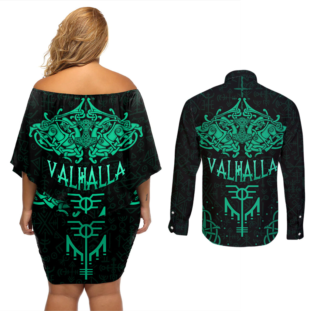 Viking Couples Matching Off Shoulder Short Dress and Long Sleeve Button Shirts Valhalla's Eternal Glory - Wonder Print Shop