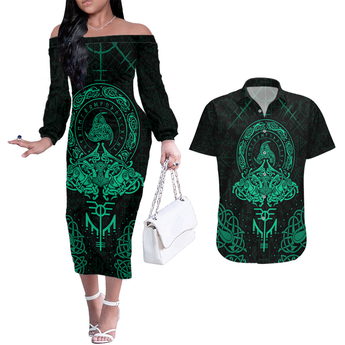 Viking Couples Matching Off The Shoulder Long Sleeve Dress and Hawaiian Shirt Valhalla's Eternal Glory - Wonder Print Shop