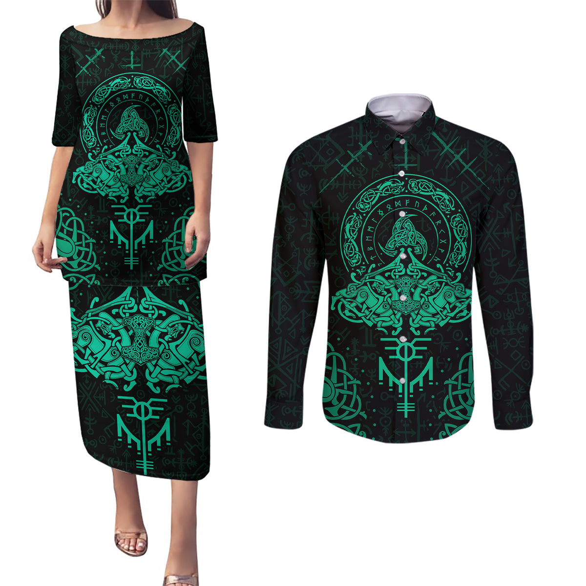 Viking Couples Matching Puletasi Dress and Long Sleeve Button Shirts Valhalla's Eternal Glory - Wonder Print Shop