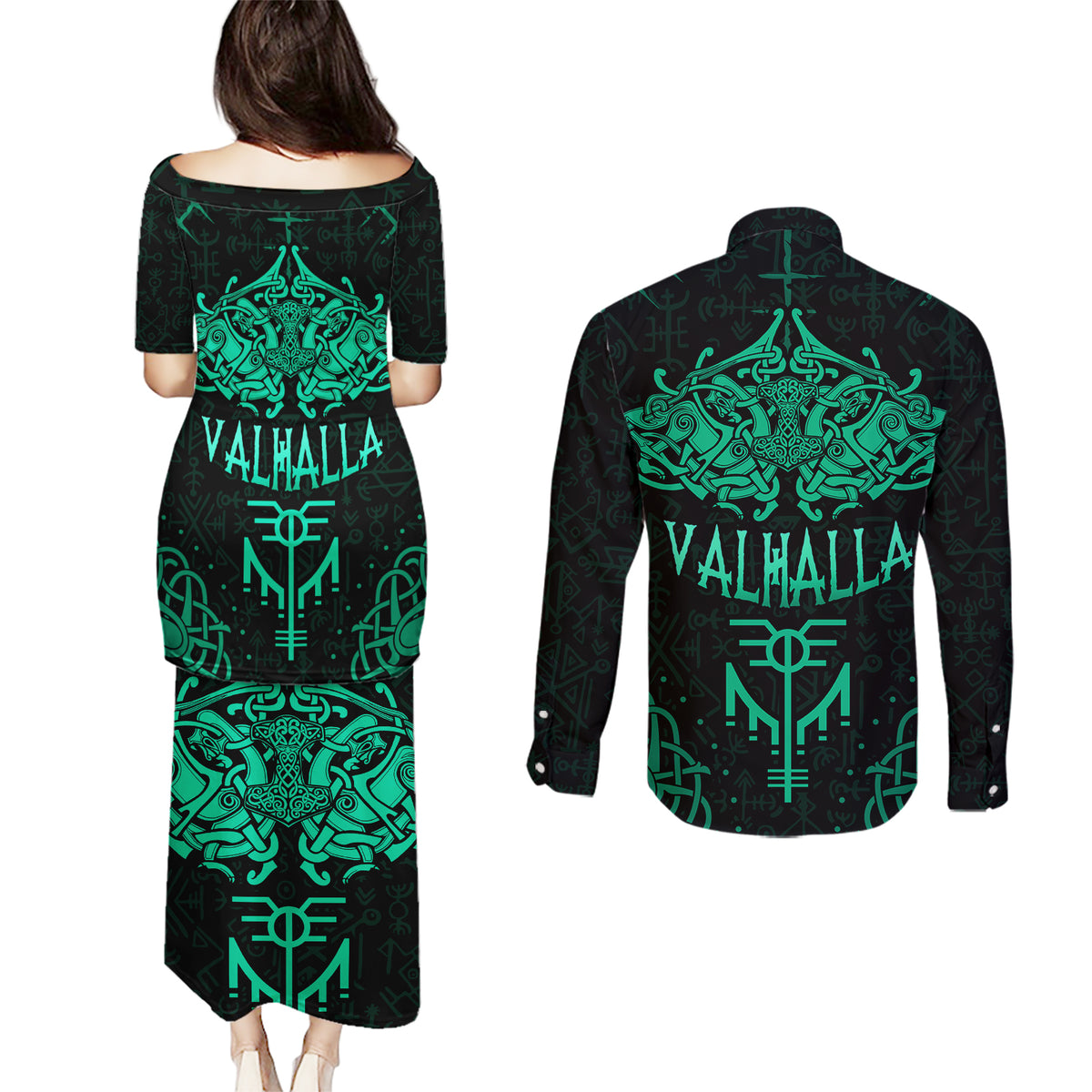 Viking Couples Matching Puletasi Dress and Long Sleeve Button Shirts Valhalla's Eternal Glory - Wonder Print Shop