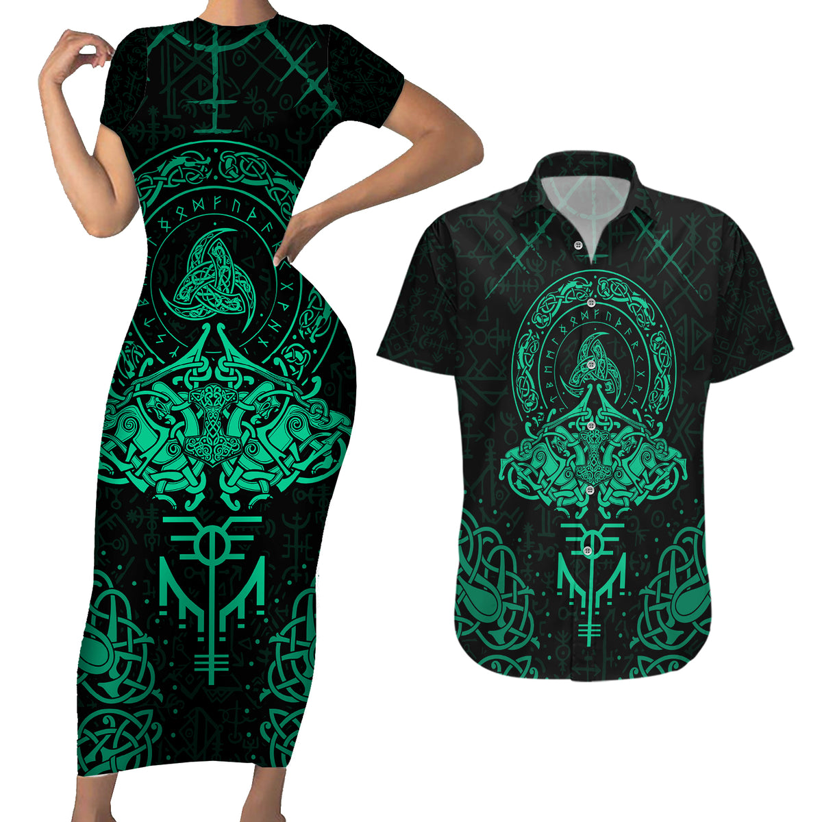 Viking Couples Matching Short Sleeve Bodycon Dress and Hawaiian Shirt Valhalla's Eternal Glory - Wonder Print Shop