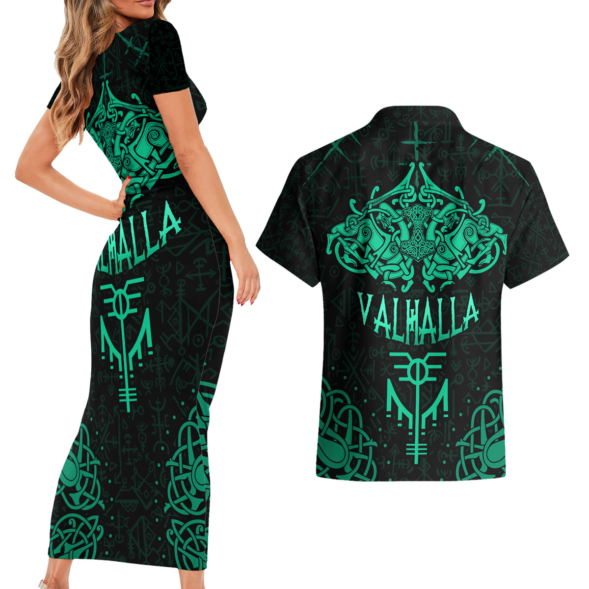 Viking Couples Matching Short Sleeve Bodycon Dress and Hawaiian Shirt Valhalla's Eternal Glory - Wonder Print Shop