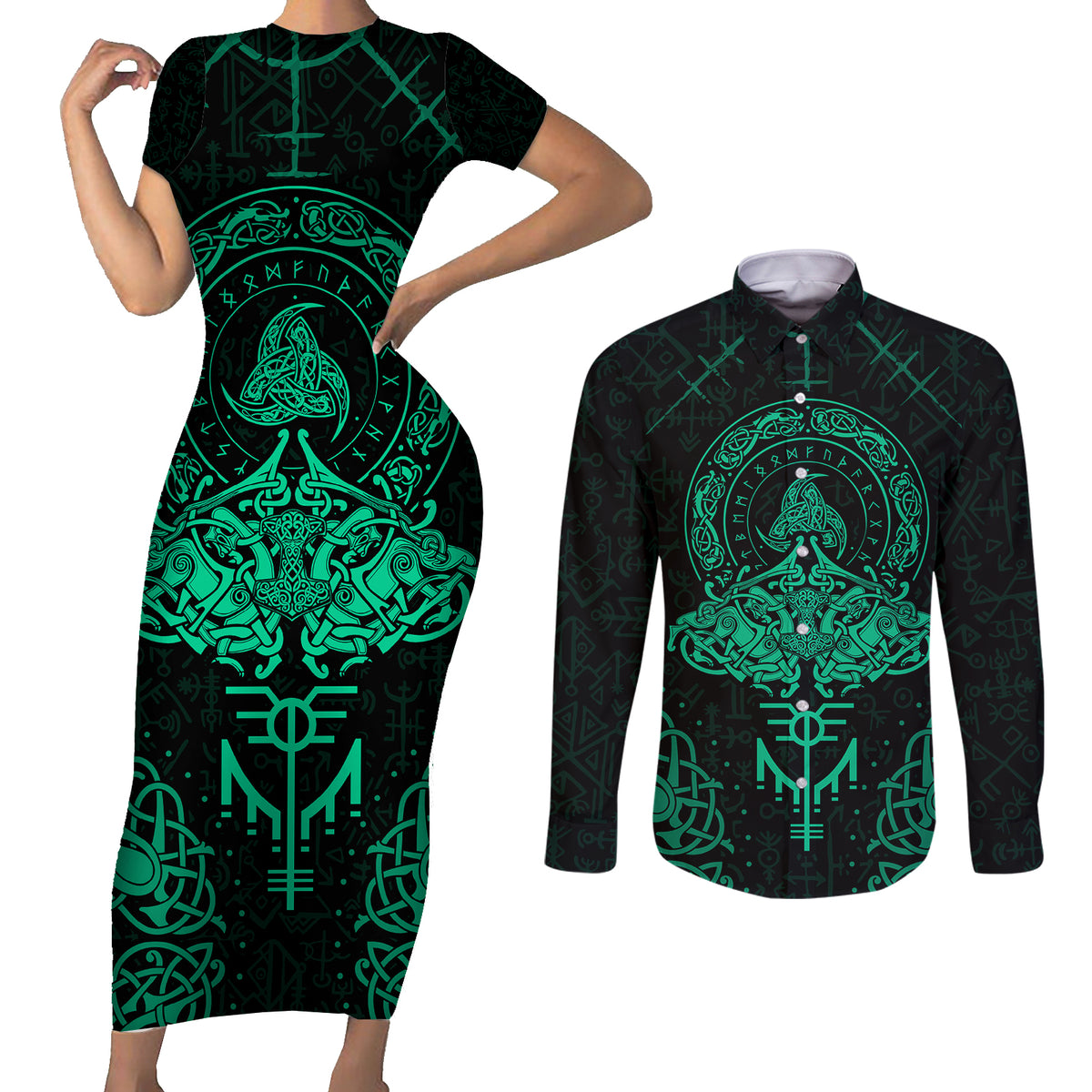 Viking Couples Matching Short Sleeve Bodycon Dress and Long Sleeve Button Shirts Valhalla's Eternal Glory - Wonder Print Shop