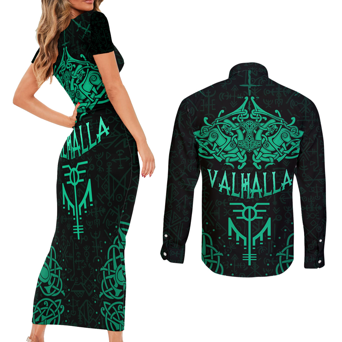 Viking Couples Matching Short Sleeve Bodycon Dress and Long Sleeve Button Shirts Valhalla's Eternal Glory - Wonder Print Shop